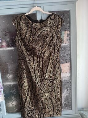 Tommy Hilfiger Black and Gold Brocade Sheath Midi Dress
